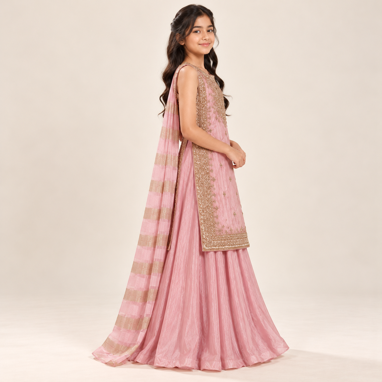 Alesha Gold Zari Panel Lehenga Set | 5-18Y