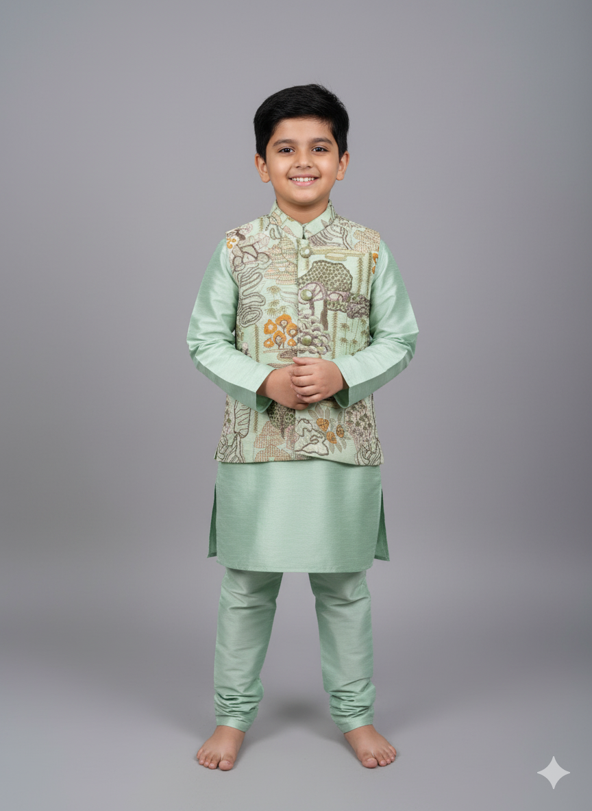 Boys Mint Green Kurta Set with Embroidered Elephant Print Nehru Jacket – Premium Festive Outfit with Cotton Lining (Age 1 to 7 Years)