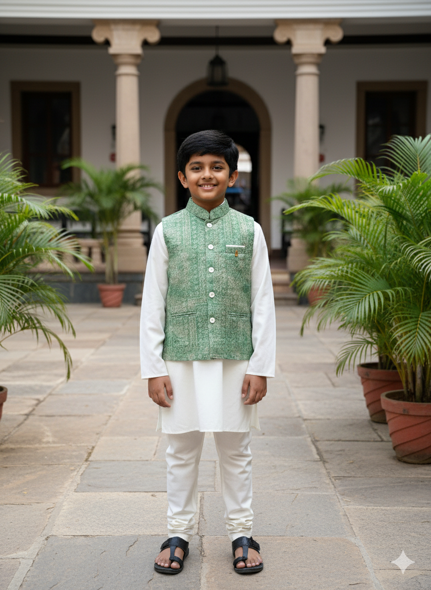 Boys Ivory Kurta Set with Mint Green Textured Nehru Jacket – Elegant Traditional Outfit with Cotton Lining (Age 1 to 7 Years)