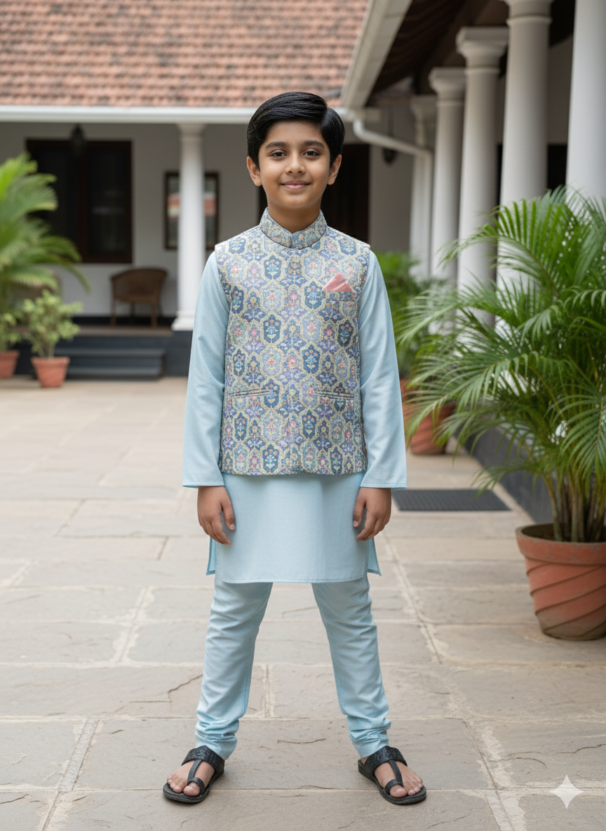 Mint Blue Boys Jacket Kurta Set with Pastel Mosaic Printed Nehru Jacket | Cotton Lining | Ages 5–7 Years