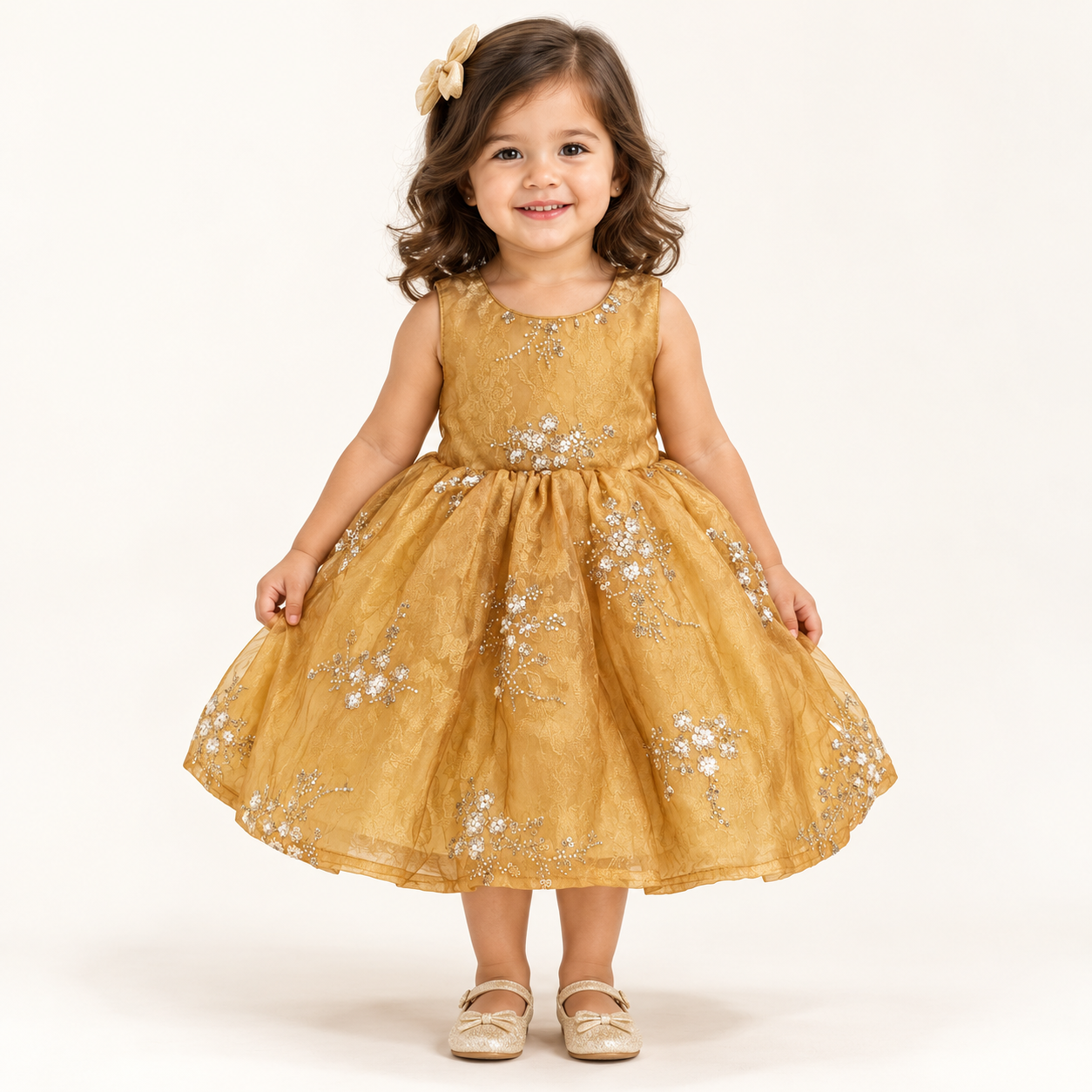 Golden Floral Lace Cape Dress | 1-4Y