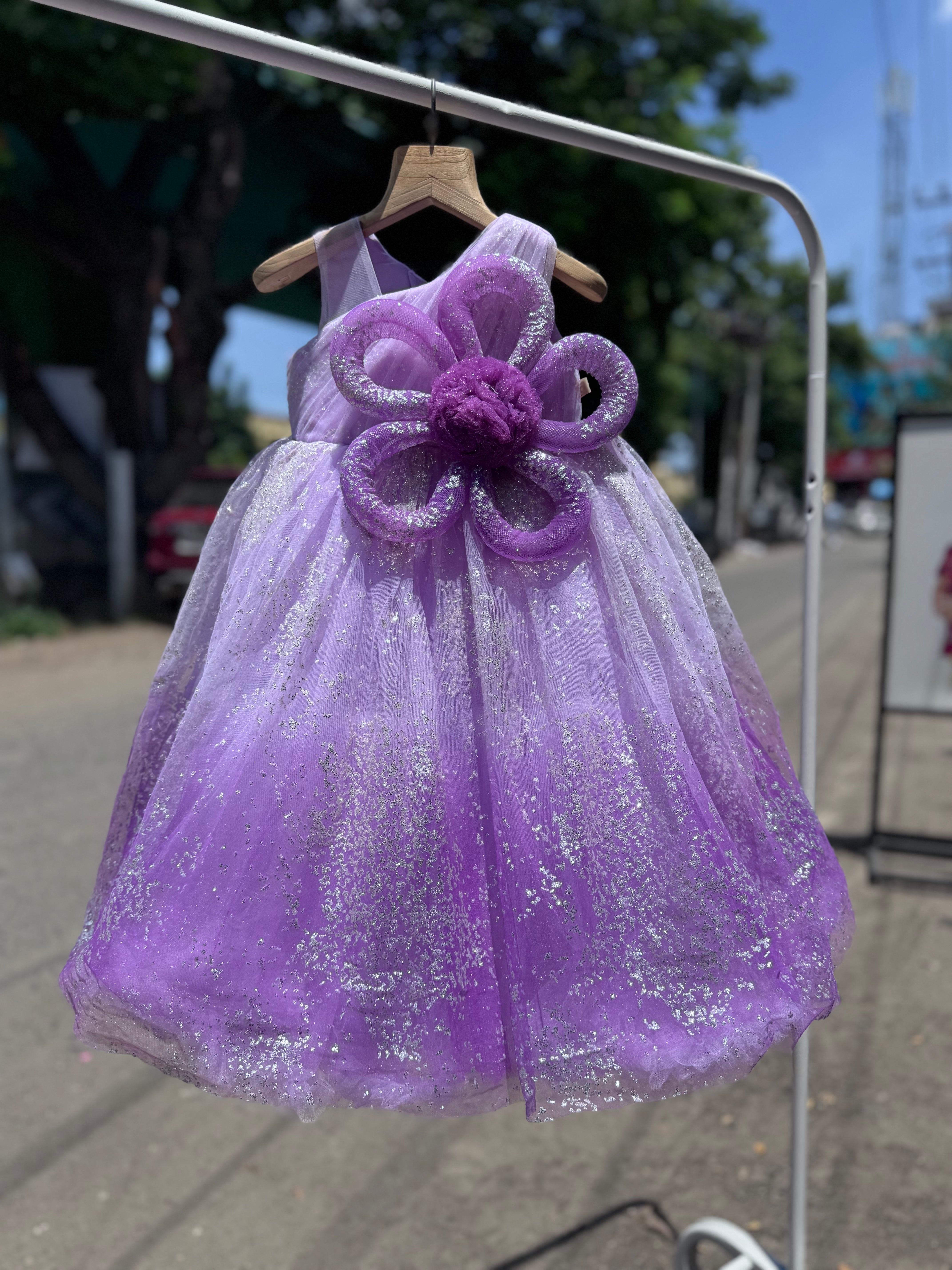 Purple Glitter Ombre Birthday Gown with Oversized 3D Floral Bow – Princess Party Dress for Girls (Ideal for 1st, 2nd & 3rd Birthdays)