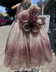 Champagne & Maroon Glitter Ombre Birthday Gown with Oversized 3D Floral Bow – Elegant Princess Dress for Girls (Perfect for 1st, 2nd & 3rd Birthdays)