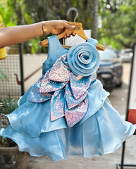Sky Blue Sequin Petal Party Frock for Girls – Designer Layered Celebration Dress with 100% Cotton Lining (Age 1 Year to 5 Years)