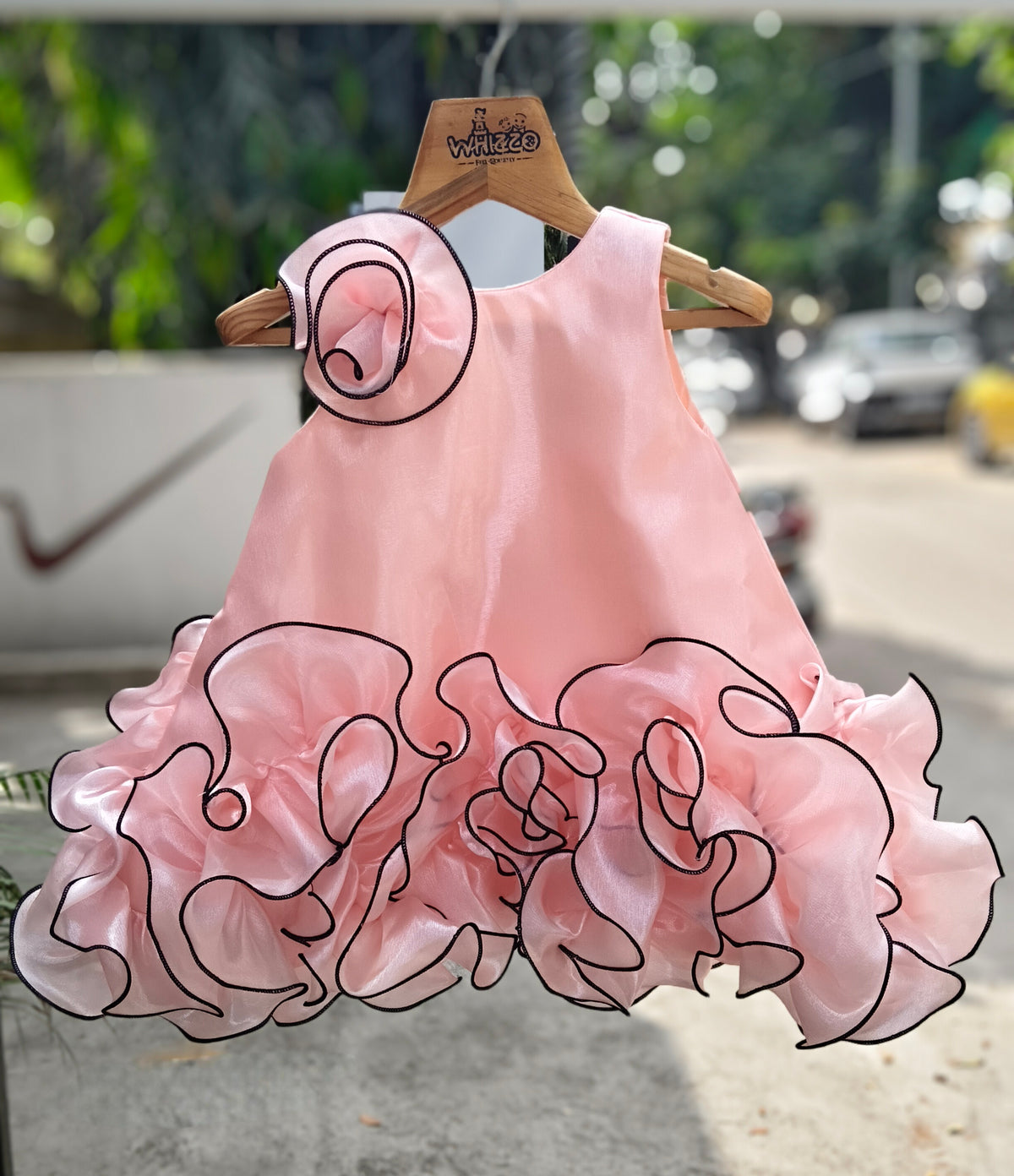 Statement Ruffle Layer Designer Party Frock with Sculpted Floral Shoulder Detail – Elegant Celebration Dress for Girls (Age 1 Year to 5 Years) | WHIZZO