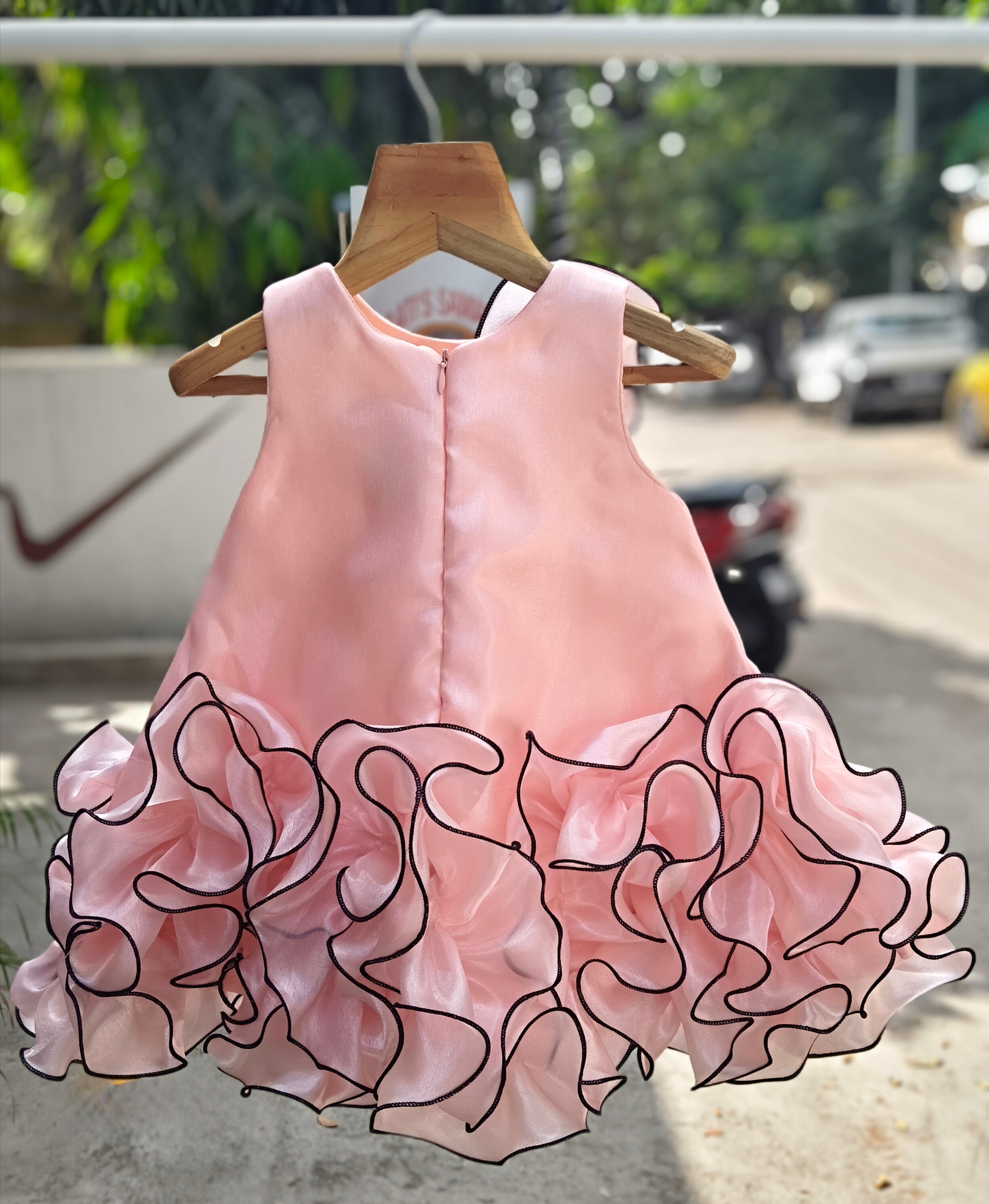 Statement Ruffle Layer Designer Party Frock with Sculpted Floral Shoulder Detail – Elegant Celebration Dress for Girls (Age 1 Year to 5 Years) | WHIZZO