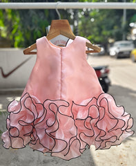Statement Ruffle Layer Designer Party Frock with Sculpted Floral Shoulder Detail – Elegant Celebration Dress for Girls (Age 1 Year to 5 Years) | WHIZZO