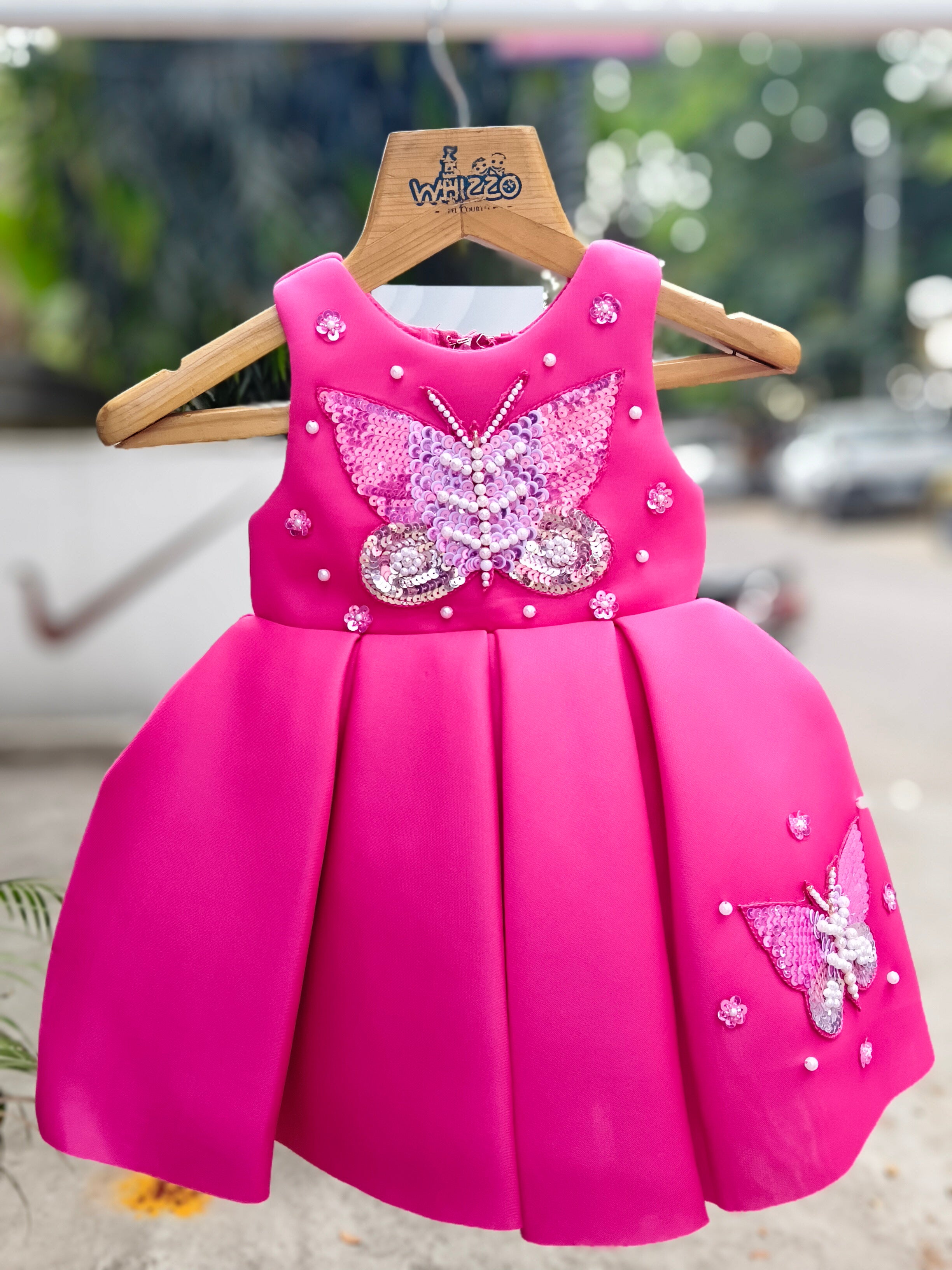 Fuchsia pink Sequin Butterfly Designer Party Frock with Pearl Embellishments & Pleated Princess Skirt – Celebration Dress for Girls (Age 1 Year to 5 Years) | WHIZZO Kids
