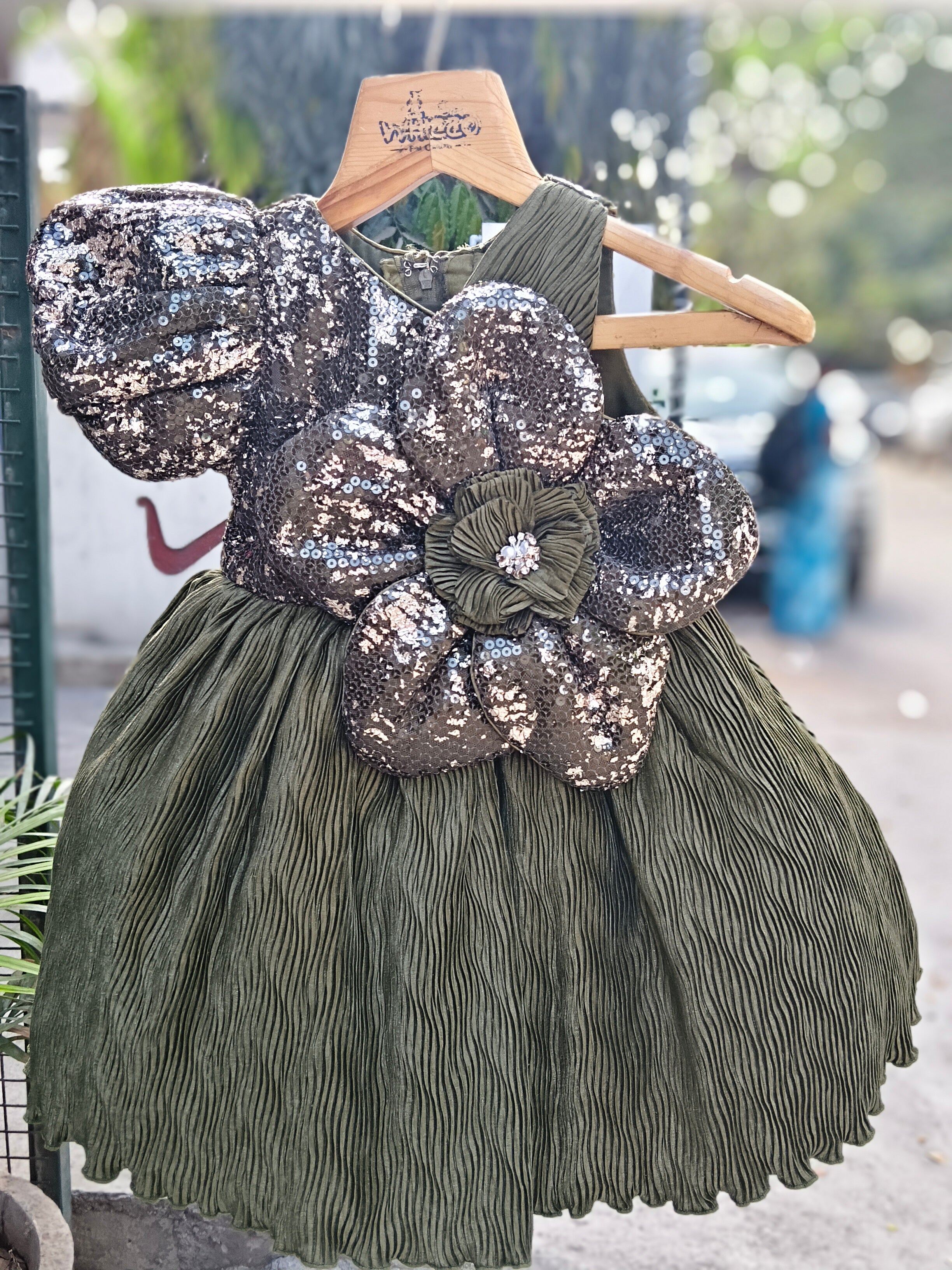 3D Floral Sequin Designer Party Frock with Puff Sleeve & Textured Flare Skirt – Elegant Celebration Dress for Girls (Age 1 Year to 5 Years) | WHIZZO Kids