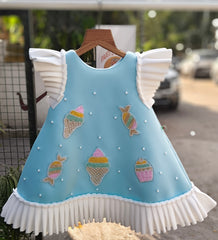 Blue Candyland Dessert Motif Designer Frock with Pleated Flutter Sleeves & Pearl Embellishments – Whizzo Kids Party Dress for Girls (Age 1 Year to 8 Years)
