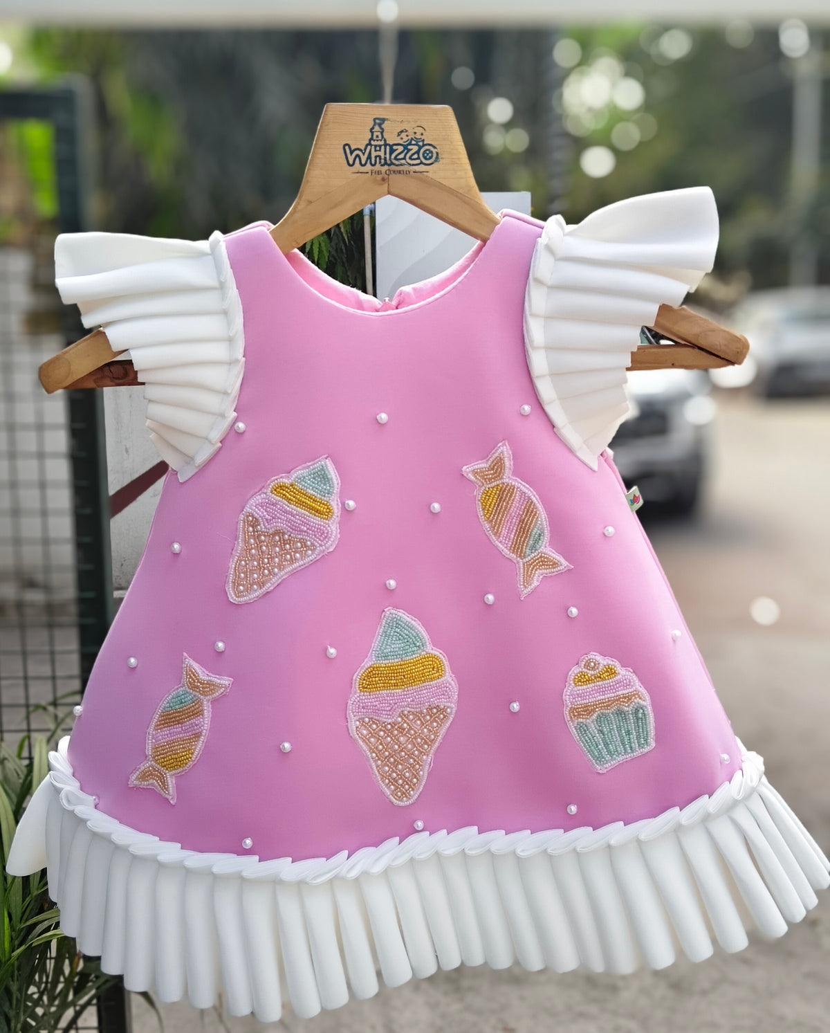 Candyland Dessert Motif Designer Frock with Pleated Flutter Sleeves & Pearl Embellishments – Whizzo Kids Party Dress for Girls (Age 1 Year to 8 Years)