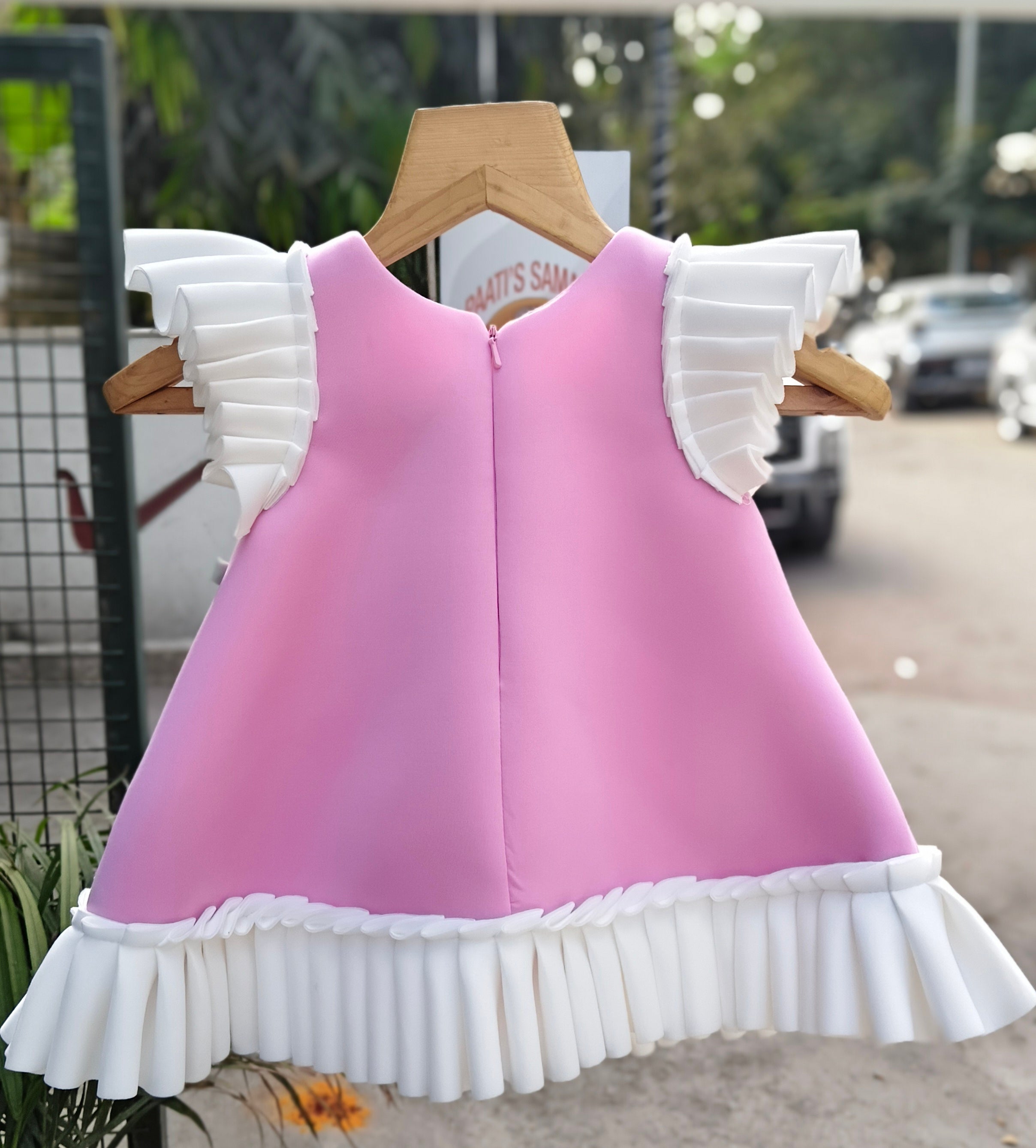 Candyland Dessert Motif Designer Frock with Pleated Flutter Sleeves & Pearl Embellishments – Whizzo Kids Party Dress for Girls (Age 1 Year to 8 Years)