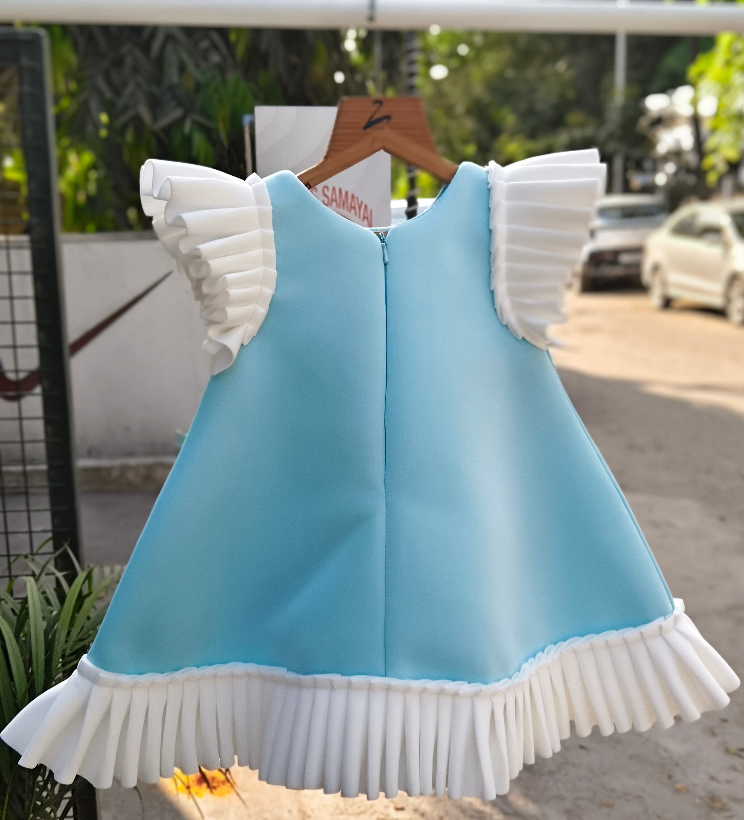 Blue Candyland Dessert Motif Designer Frock with Pleated Flutter Sleeves & Pearl Embellishments – Whizzo Kids Party Dress for Girls (Age 1 Year to 8 Years)