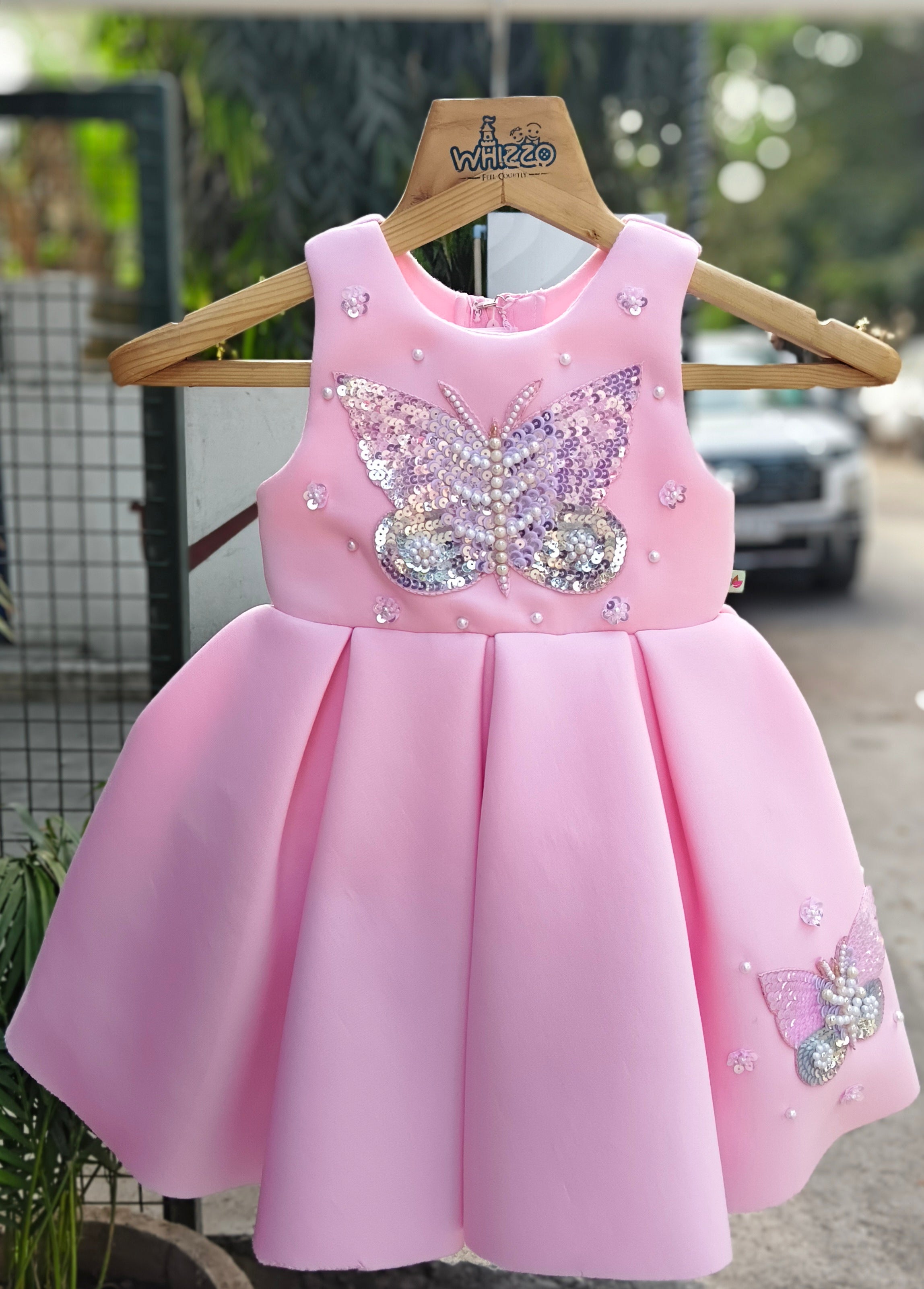 Powder Pink Sequin Butterfly Designer Party Frock with Pearl Embellishments & Pleated Princess Skirt – Celebration Dress for Girls (Age 1 Year to 5 Years) | WHIZZO Kids