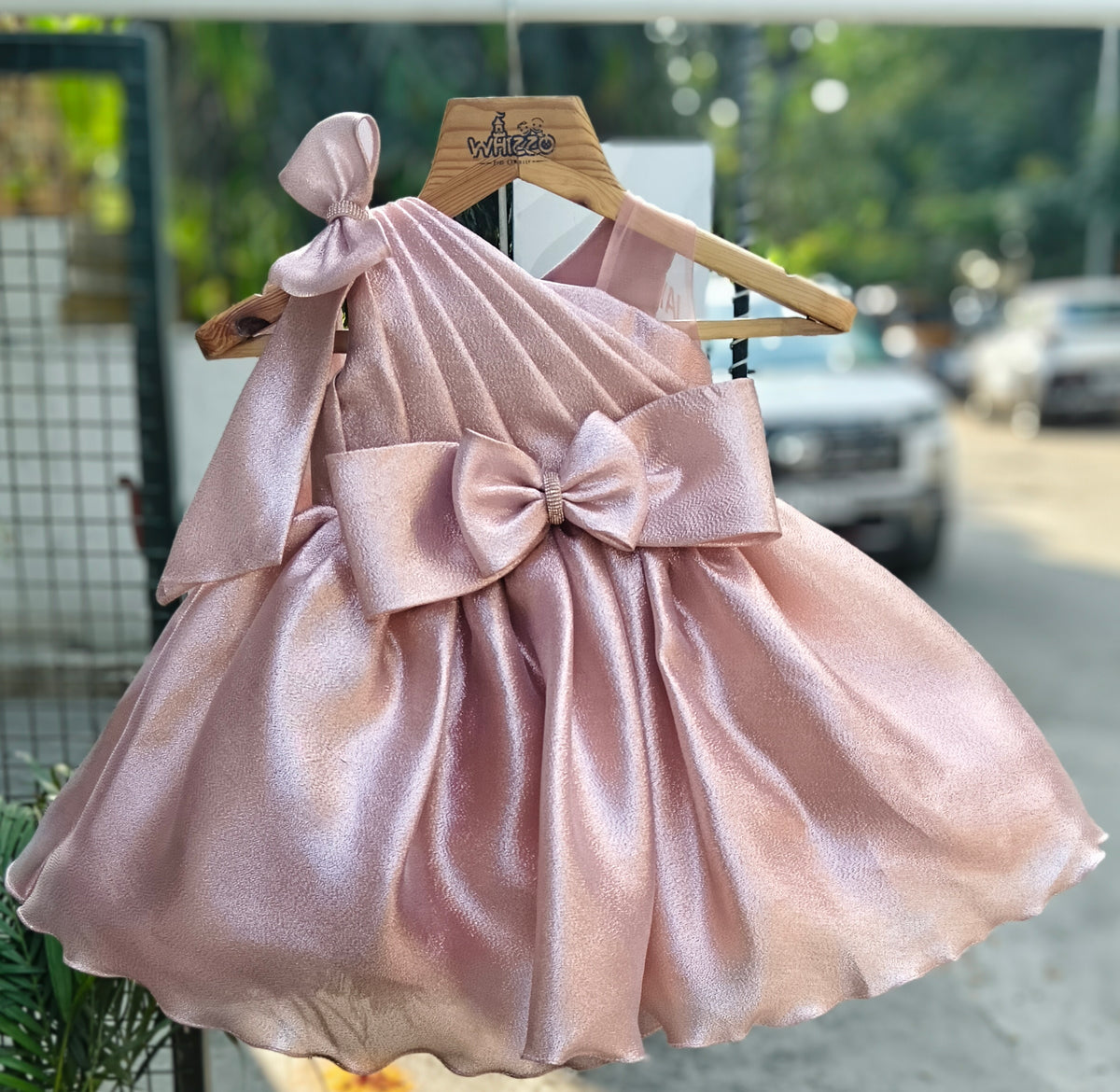 Metallic Satin One-Shoulder Bow Designer Party Frock with Elegant Flared Skirt – Celebration Dress for Girls (Age 1 Year to 5 Years) | WHIZZO Kids