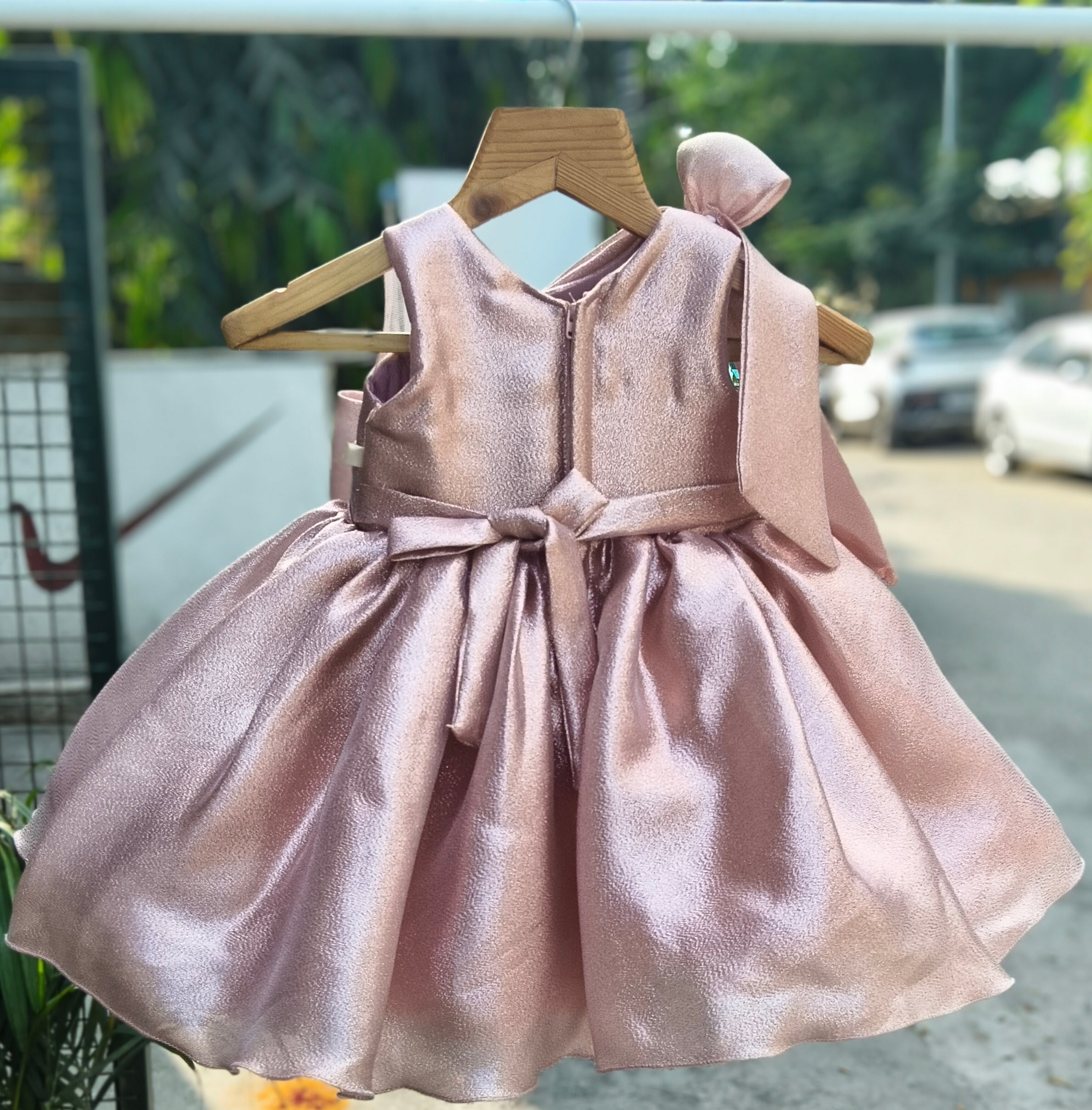 Metallic Satin One-Shoulder Bow Designer Party Frock with Elegant Flared Skirt – Celebration Dress for Girls (Age 1 Year to 5 Years) | WHIZZO Kids