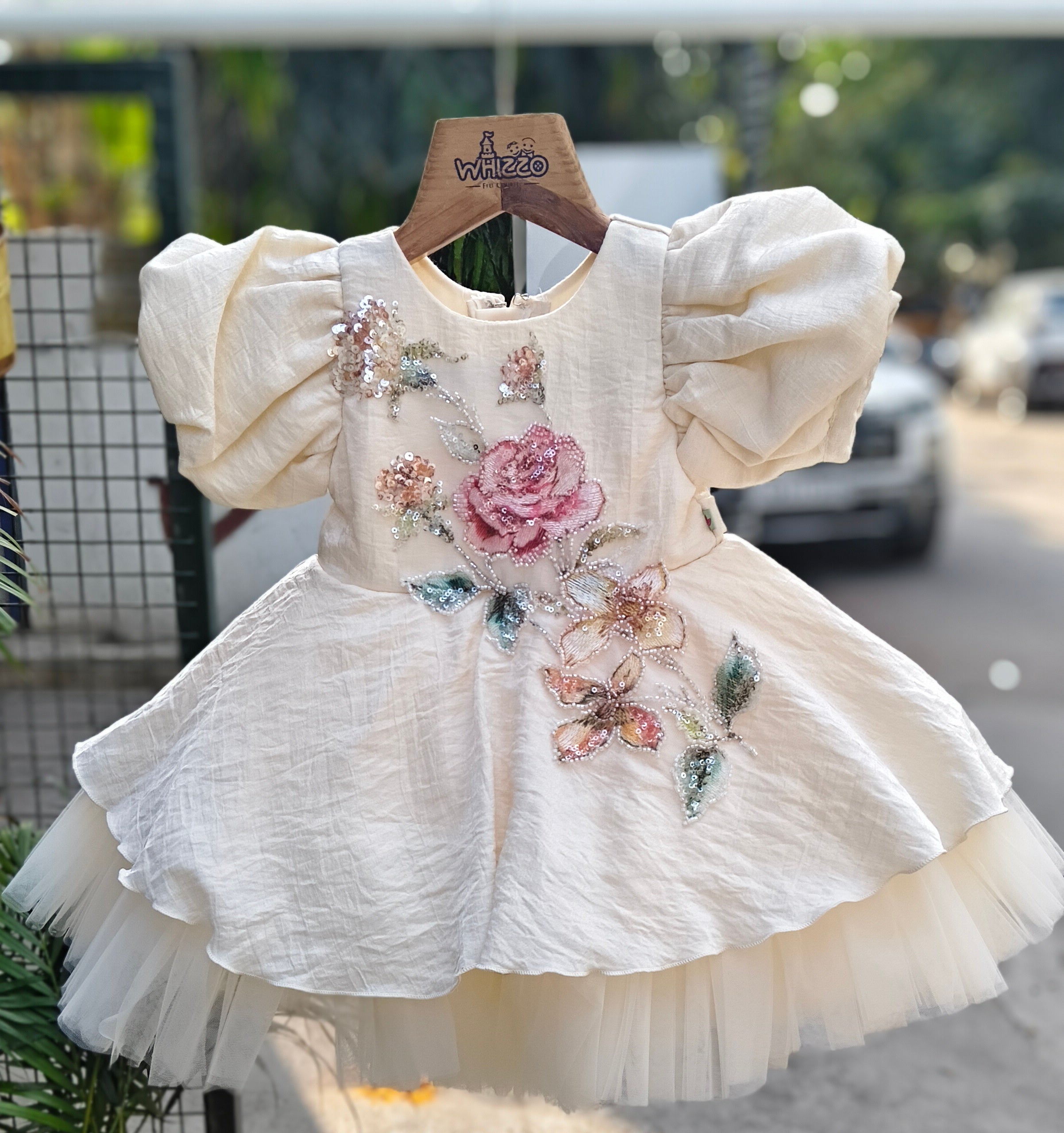 Beige Hand-Embroidered Floral Designer Party Frock with Statement Puff Sleeves – Elegant Celebration Dress for Girls (Age 1 Year to 5 Years) | WHIZZO Kids