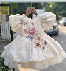 Beige Hand-Embroidered Floral Designer Party Frock with Statement Puff Sleeves – Elegant Celebration Dress for Girls (Age 1 Year to 5 Years) | WHIZZO Kids