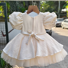 Beige Hand-Embroidered Floral Designer Party Frock with Statement Puff Sleeves – Elegant Celebration Dress for Girls (Age 1 Year to 5 Years) | WHIZZO Kids