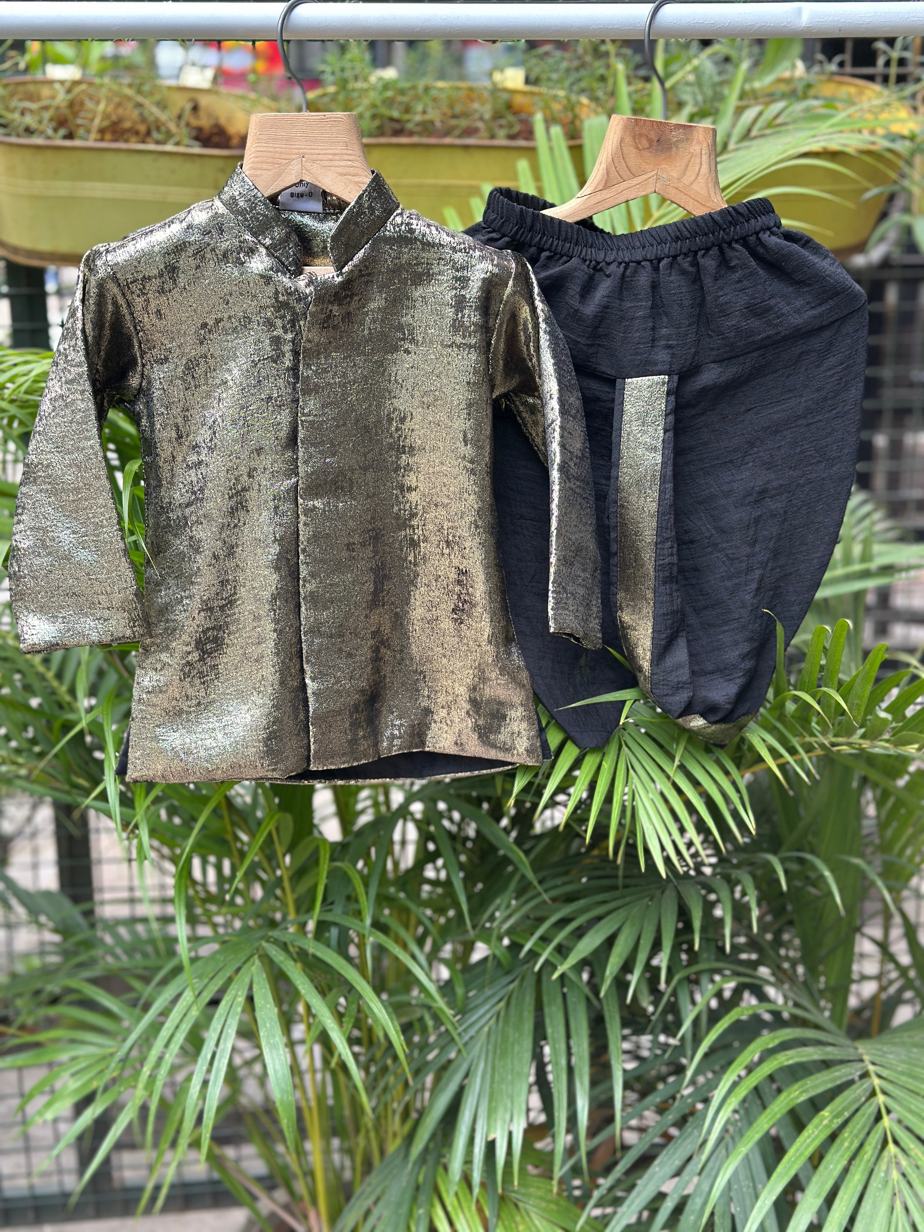 Boys Black Silk Metallic Tissue Kurta with Matching Dhoti – Premium Ethnic Wear for Baby Boys (Newborn – 2 Years)