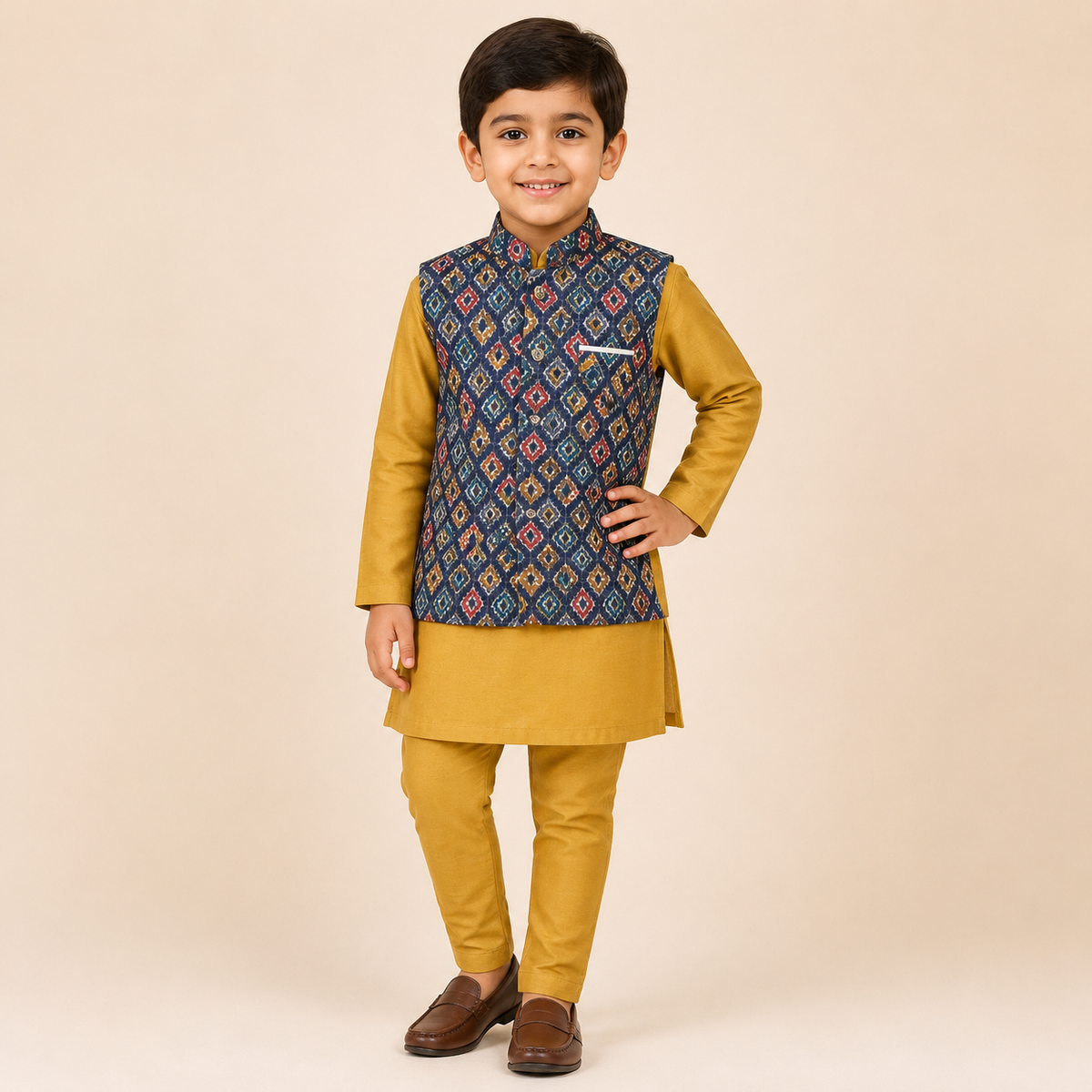Mustard Ikat Jacket Kurta Set