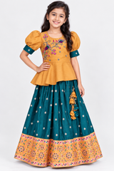 Mustard Green Contrast Lehenga Set for Girls | 7-8Y