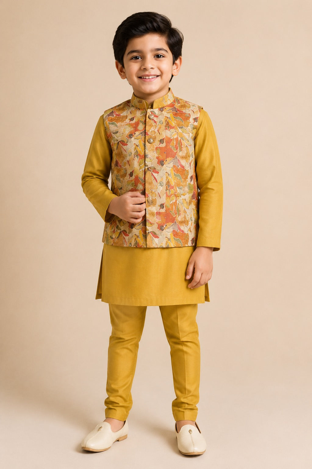 Mustard Floral Panel Jacket Kurta Set