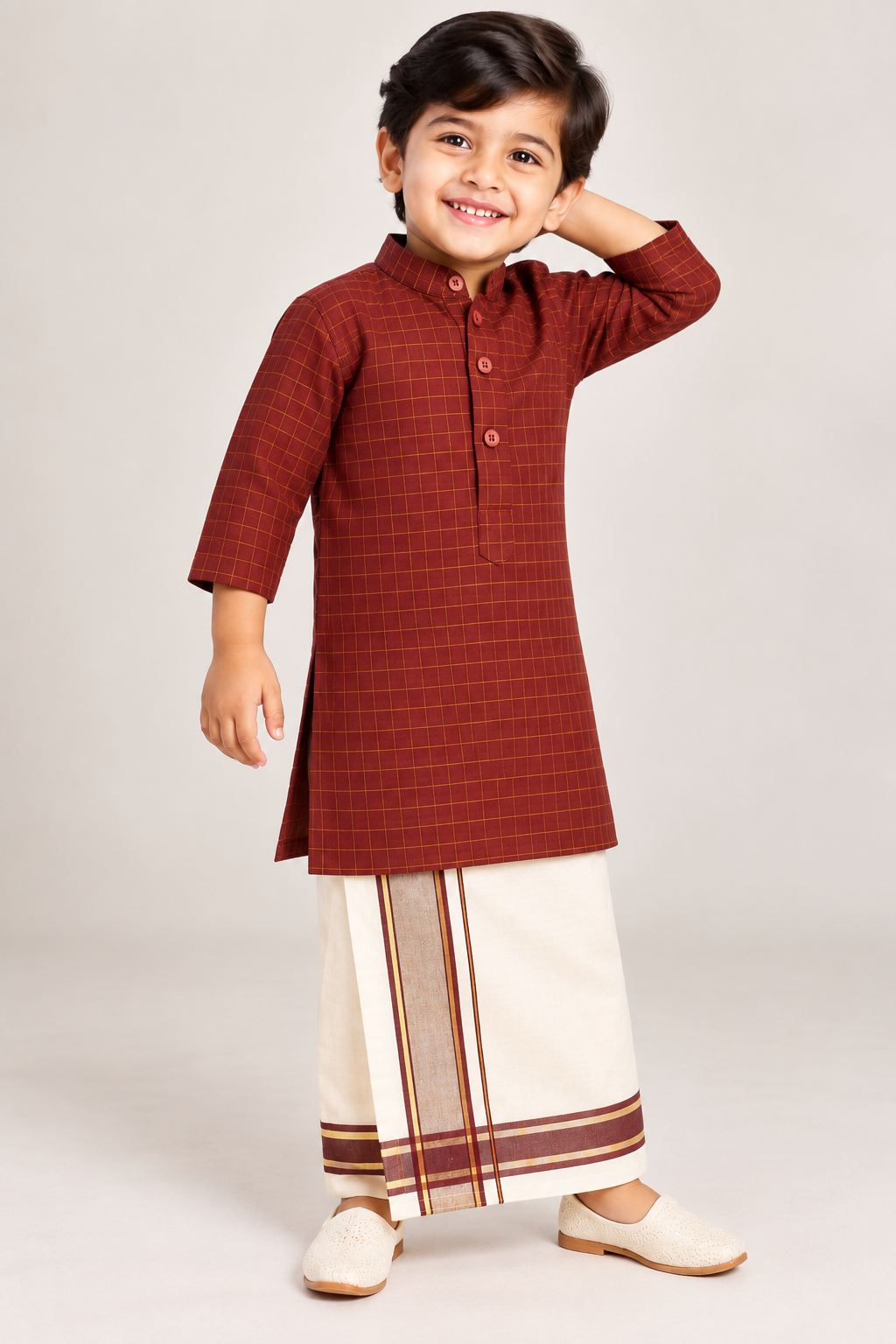 Nilan Checked Kurta & Veshti Set for Boys | 6 Years