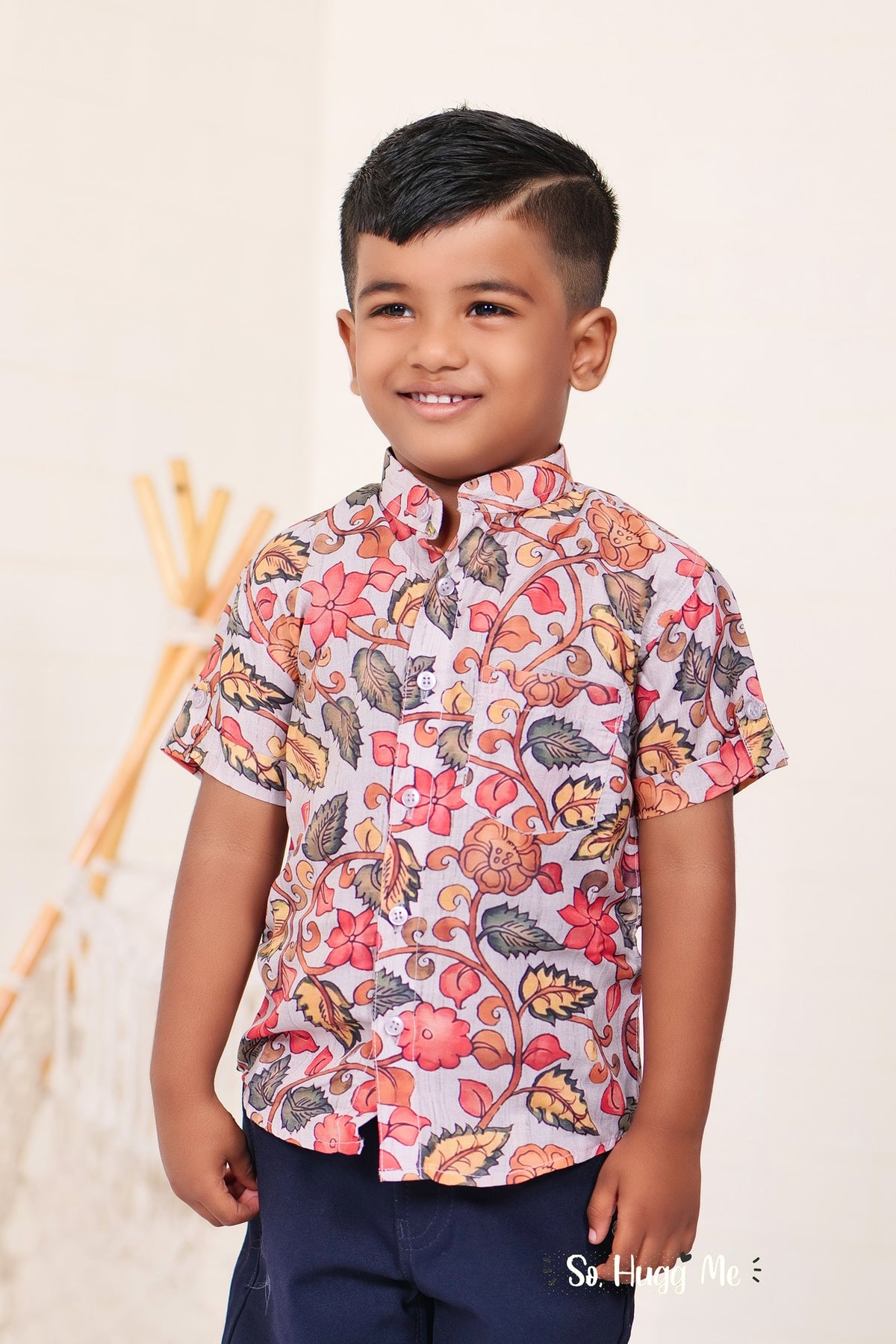 "Grey Hand Block Printed Ajrakh Mul Cotton Boys Shirt - Subtle Elegance with Artisan Detailing"