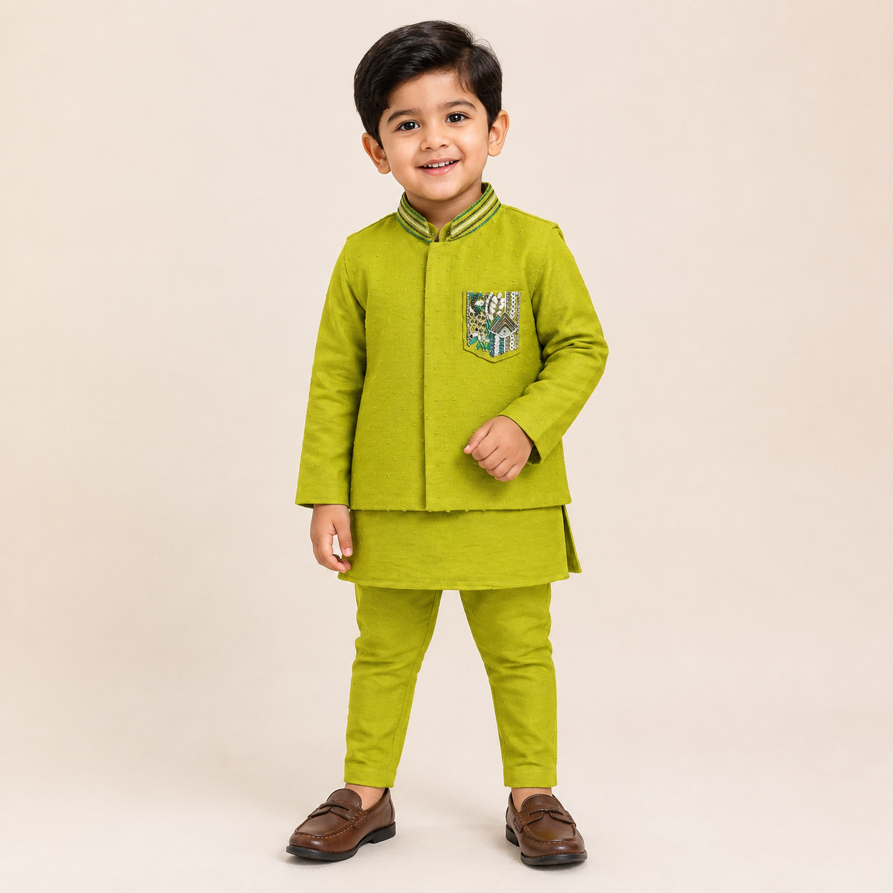Parrot Green Embroidered Jacket Kurta Set 