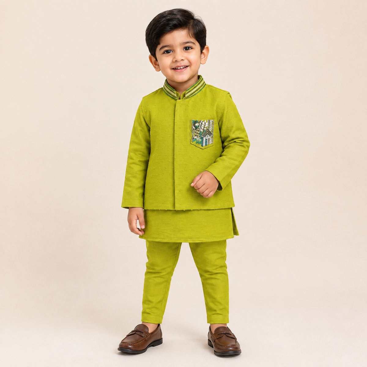 Parrot Green Embroidered Jacket Kurta Set 
