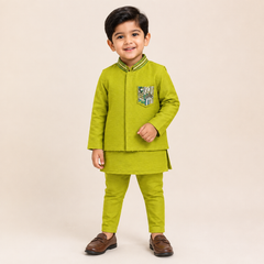 Parrot Green Embroidered Jacket Kurta Set 
