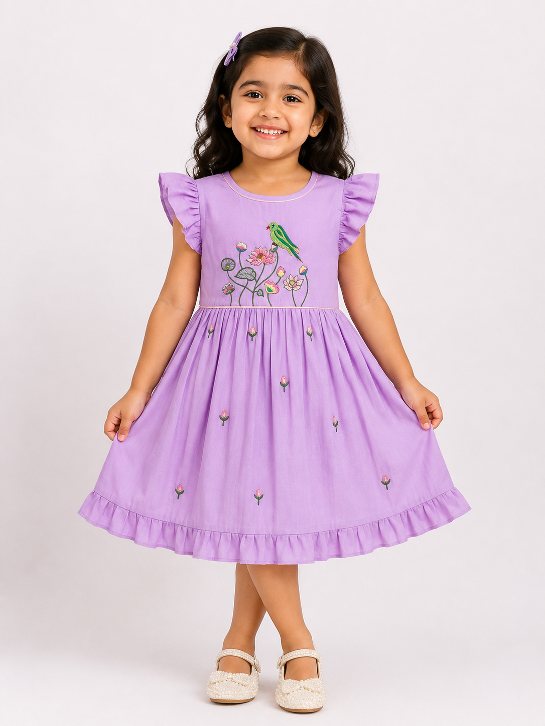 Parrot In The Lotus Chanderi Silk Dress For Girls 1Y to 5Y