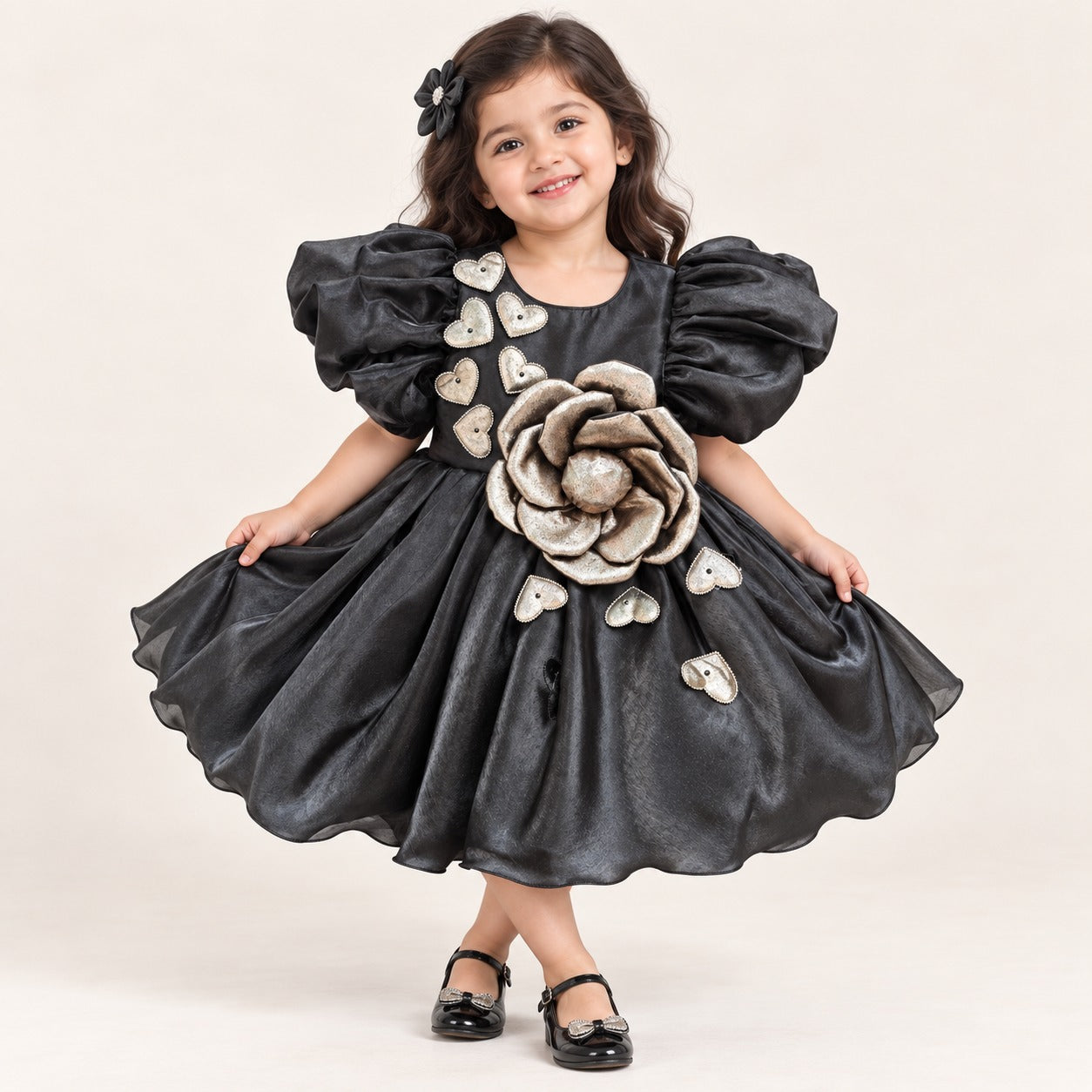 Puff-Sleeve with Metallic Rose Party Dress for Girls | 1Y to 4Y