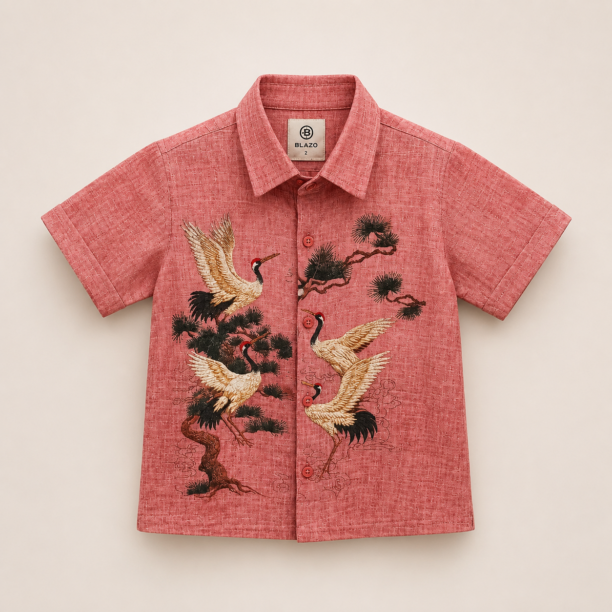 Red Crown Crane Shirt For Boys 1Y to 5Y