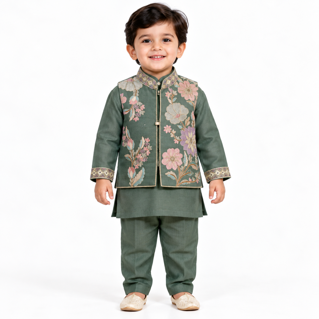 Emerald Floral Grace Jacket Kurta Set | NB–5Y