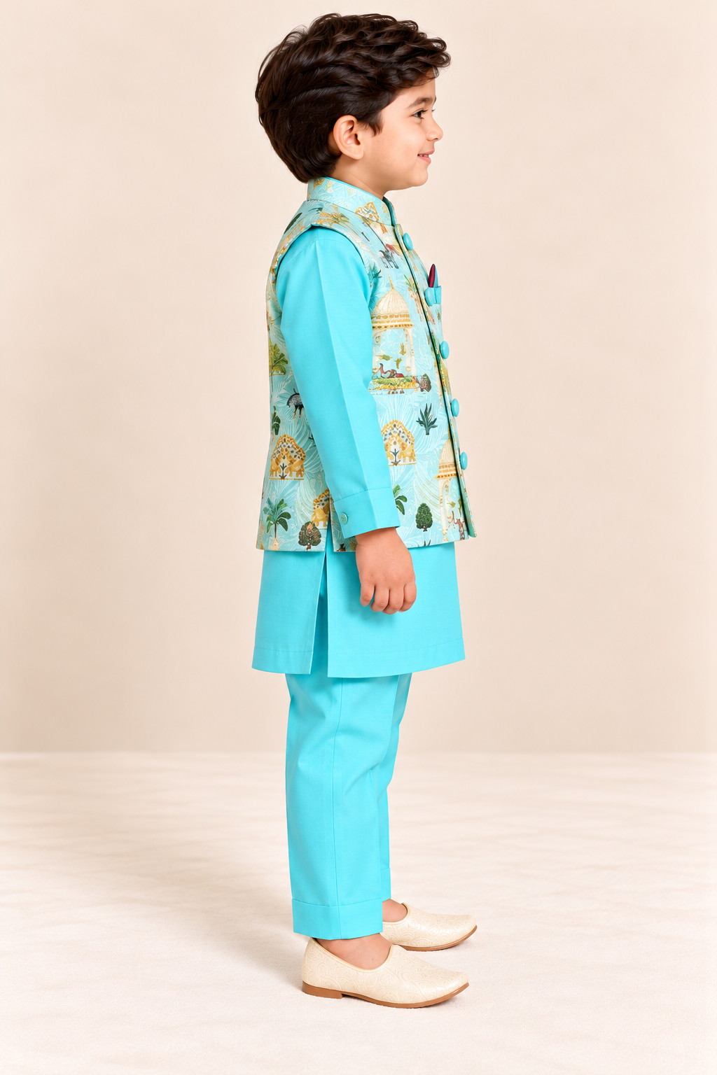 Aqua Scenic Motif Jacket Kurta Set