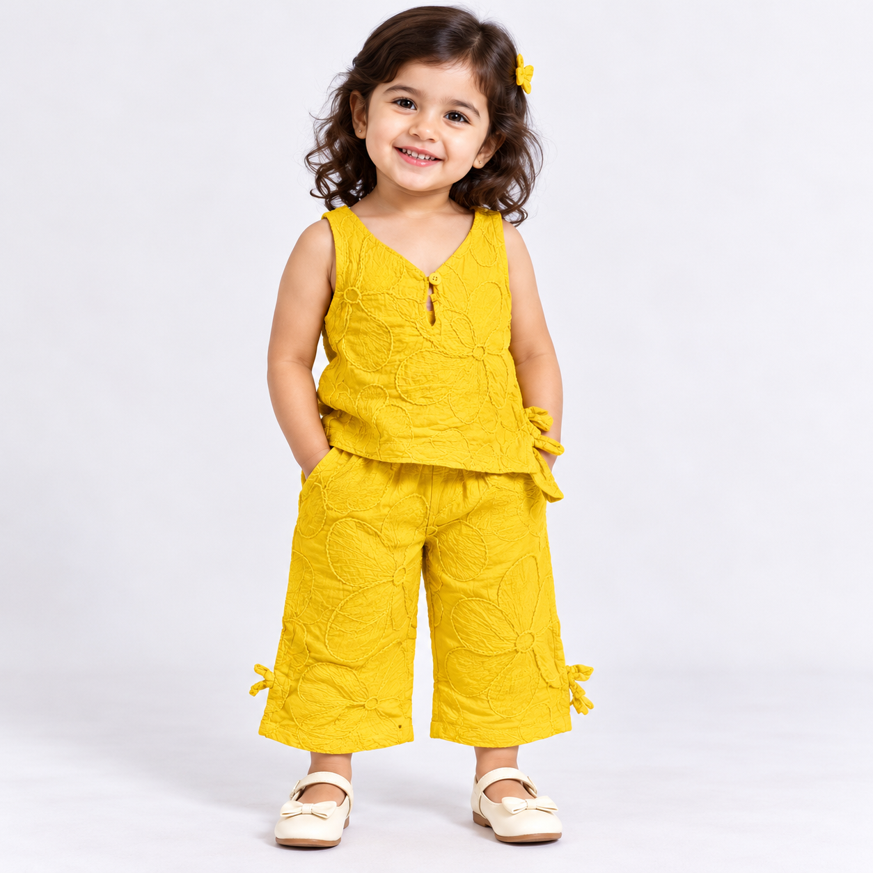 Textured Floral Top with Wide-Leg Co-Ord Set | 1-6Y