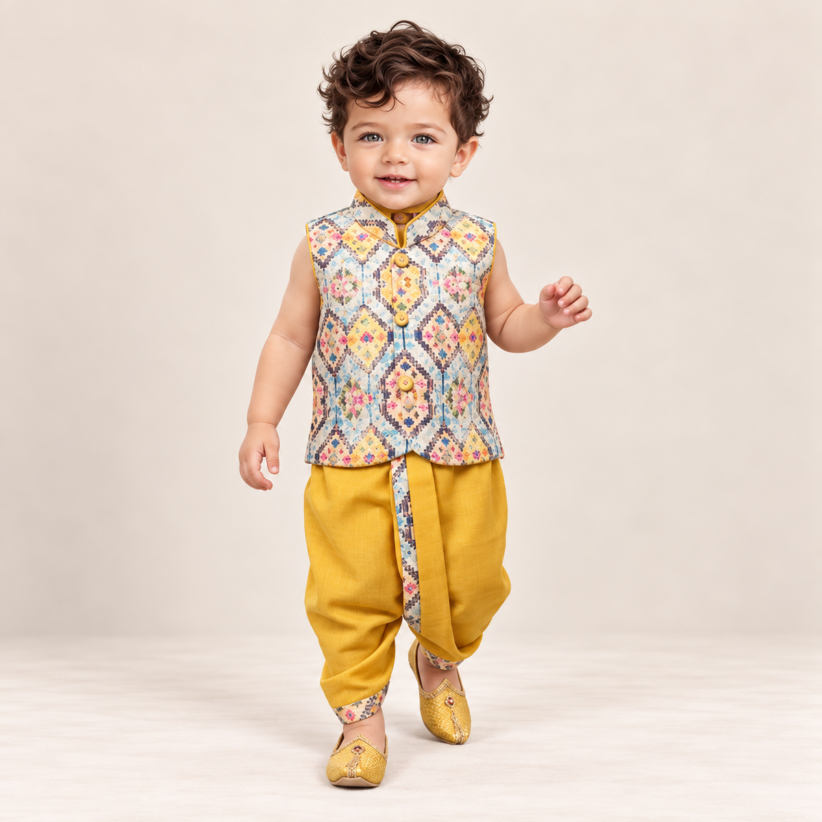 Kabir Geometric Waistcoat Dhoti Set | NB-12M