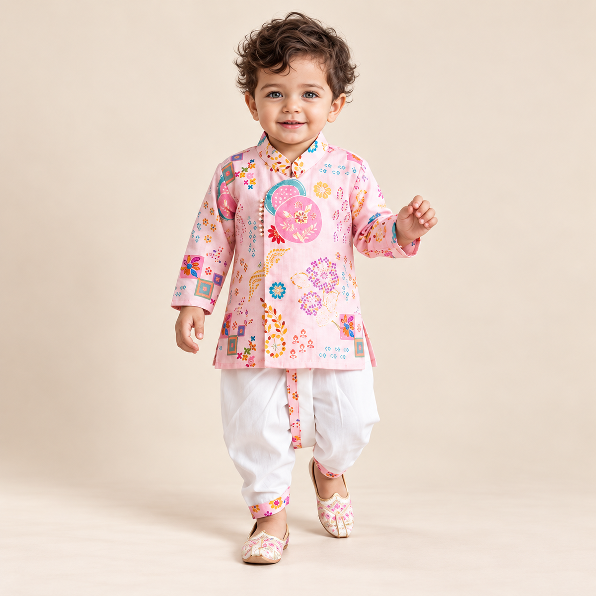 Jiyaan Floral Motif Angrakha Dhoti Set | 6M-3Y