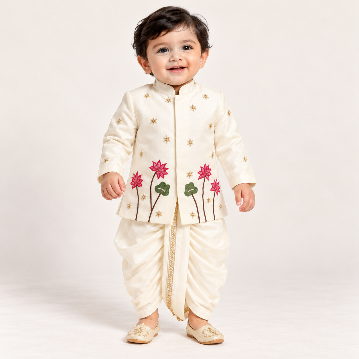 Nakul Lotus Motif Dhoti Set | 3M-4Y