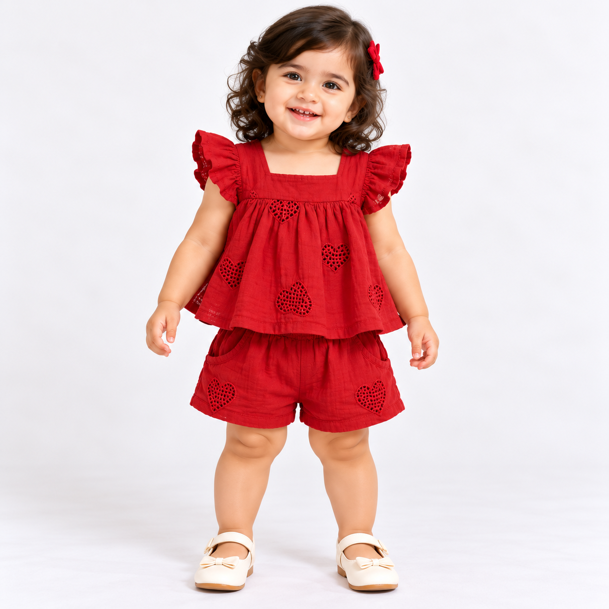 Heart Detail Ruffle Top with Shorts Co-ord Set | 1-6Y