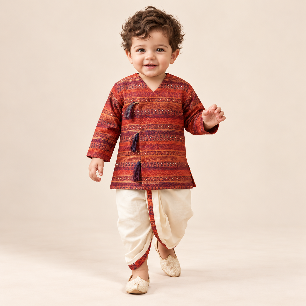 Aviraj Rust Patterned Angrakha Dhoti Set | 3M-4Y