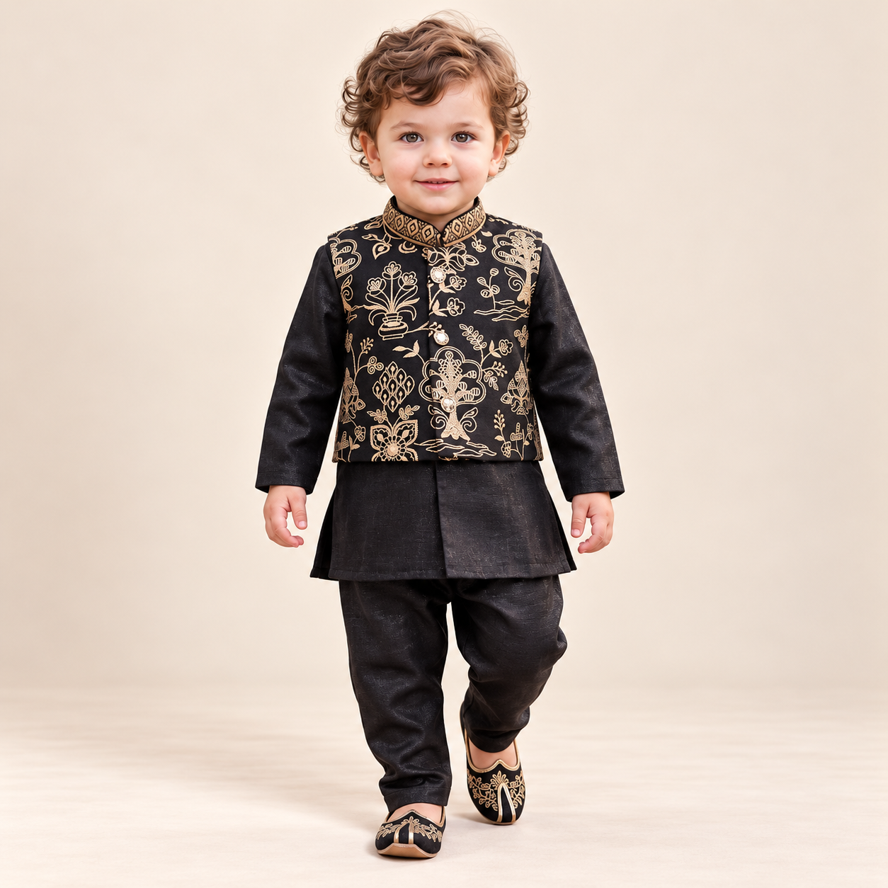 Aariz Gold Embroidered Jacket Kurta Set | NB-2Y