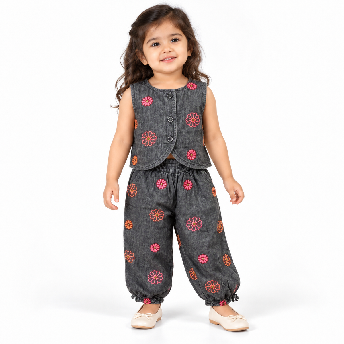 Floral Buttoned Waistcoat with Gathered Pants Set | 1-6Y