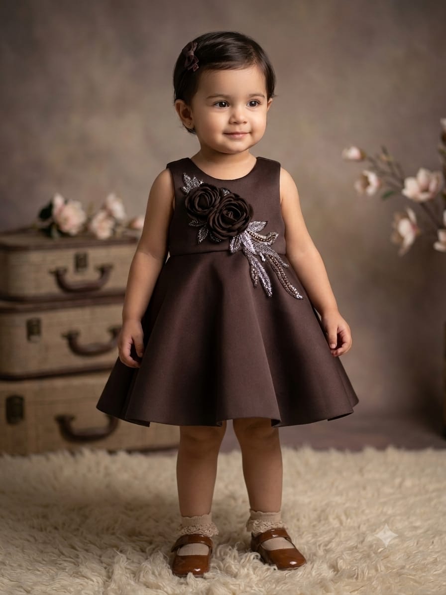 Mocha Rosette Bloom Dress for Girls 1Y to 4Y