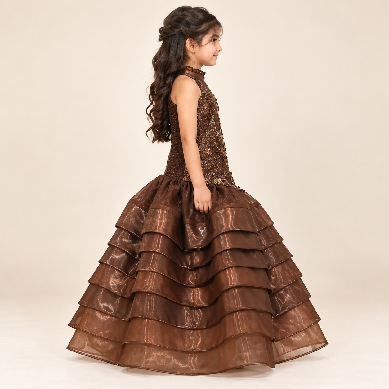 Ruffle Tiered Embroidered Halter-Neck Gown | 3-10Y