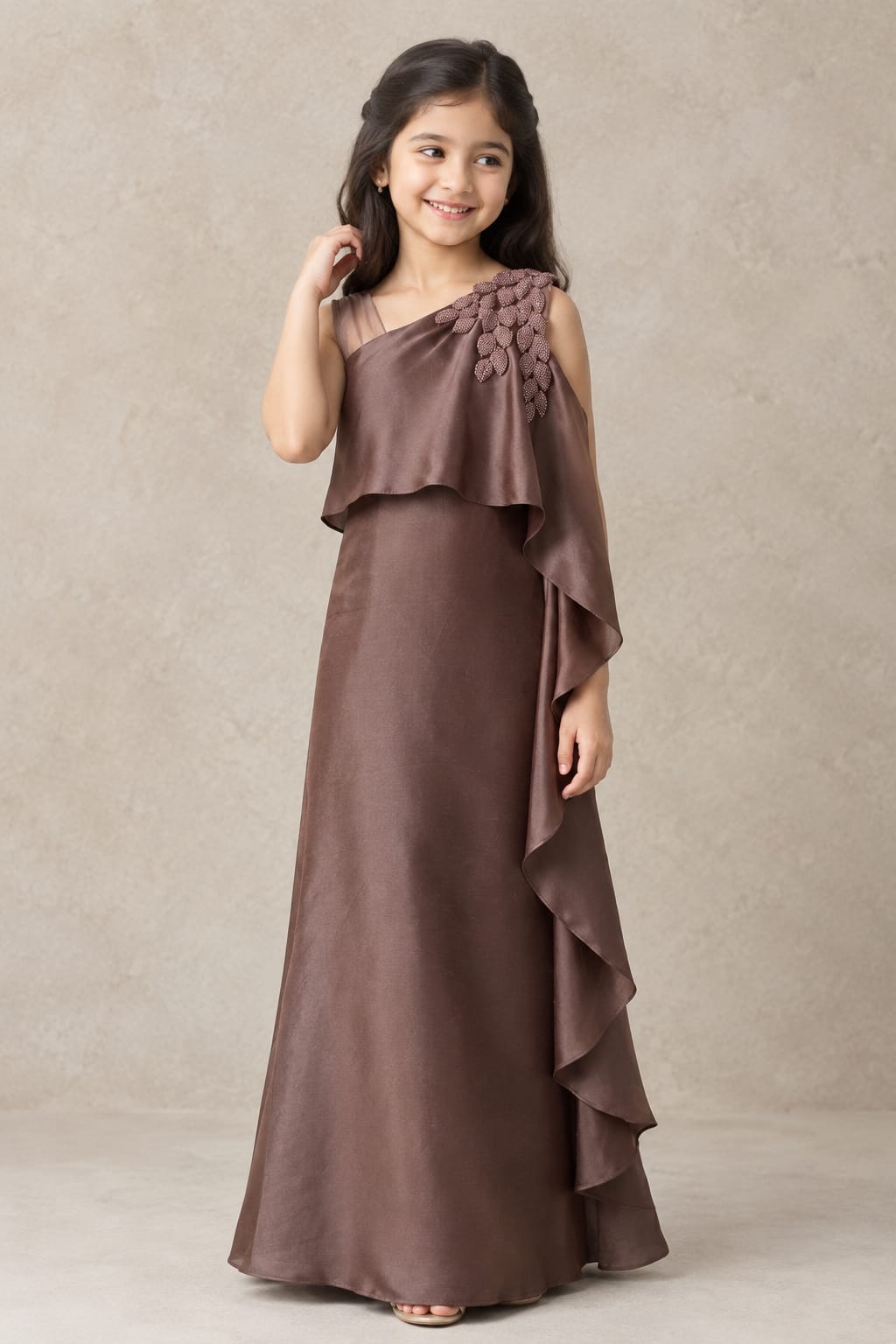 One-Shoulder Leaf Applique Gown | 7-18Y