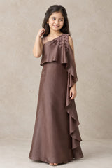 One-Shoulder Leaf Applique Gown | 7-18Y