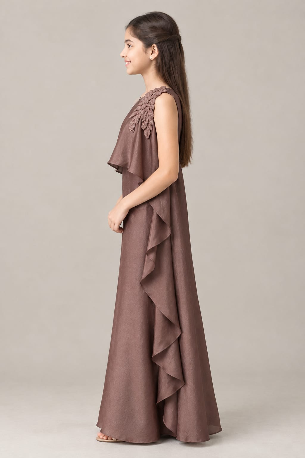 One-Shoulder Leaf Applique Gown | 7-18Y